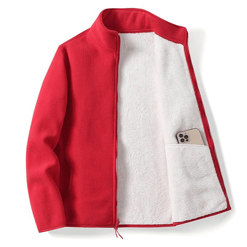 Women's red warm zip-up fleece jacket with inner pocket and phone, 100% polyester, stand collar, comfortable fit for winter.